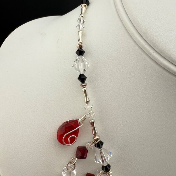 Sterling Silver Necklace With Red Black & Clear Crystal Dangle Beads Wire Wrappe - Picture 4 of 9